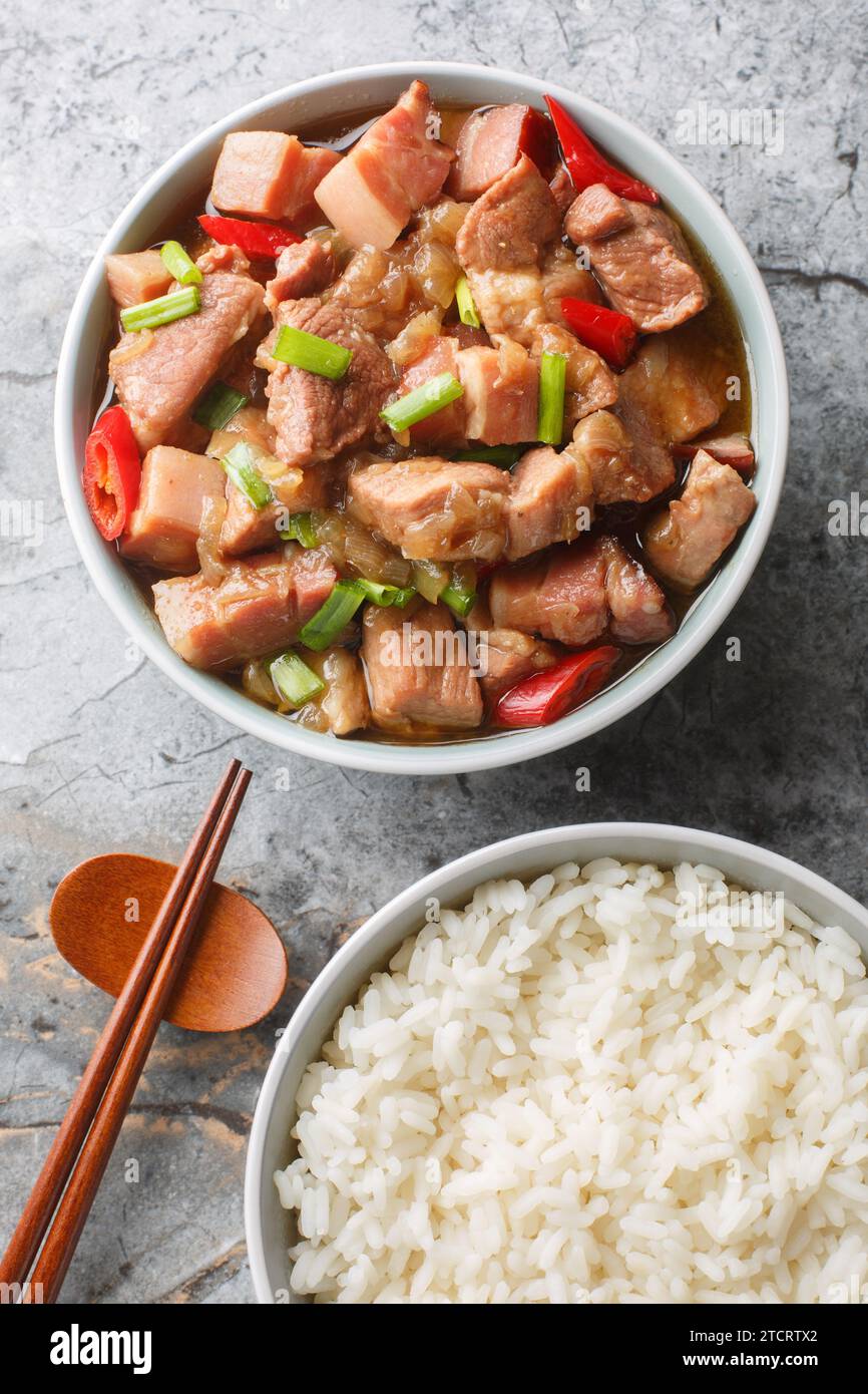 Babi kecap is an Indonesian braised pork with sweet soy sauce kecap manis served with rice closeup on the table. Vertical top view from above Stock Photo