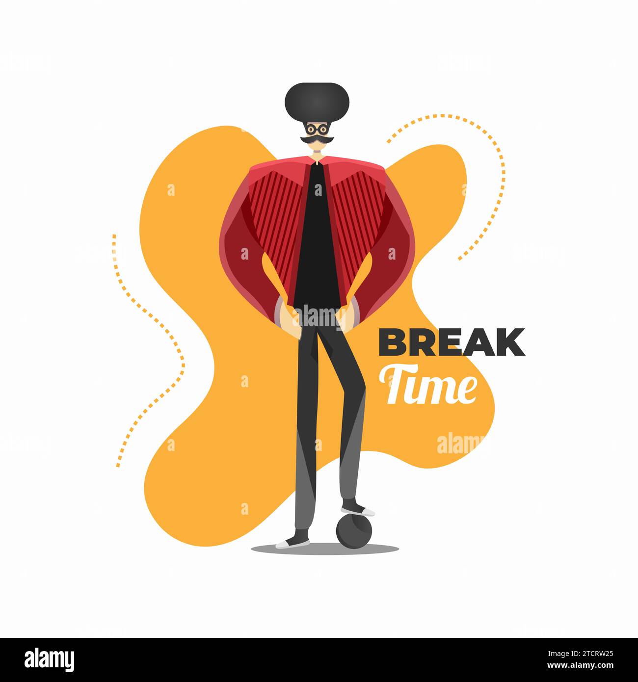 Flat vector illustration of a man with Afro hair in Hipster style. Cool Man cartoon with Break Time Text Stock Vector