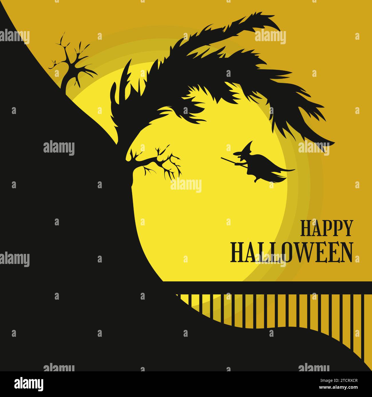 Halloween background illustration with silhouette of flying witch and spooky tree on cliff Stock Vector