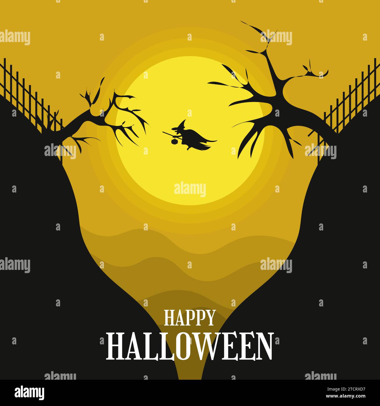 Happy Halloween greeting with a witch flying between the cliff and the moon Stock Vector