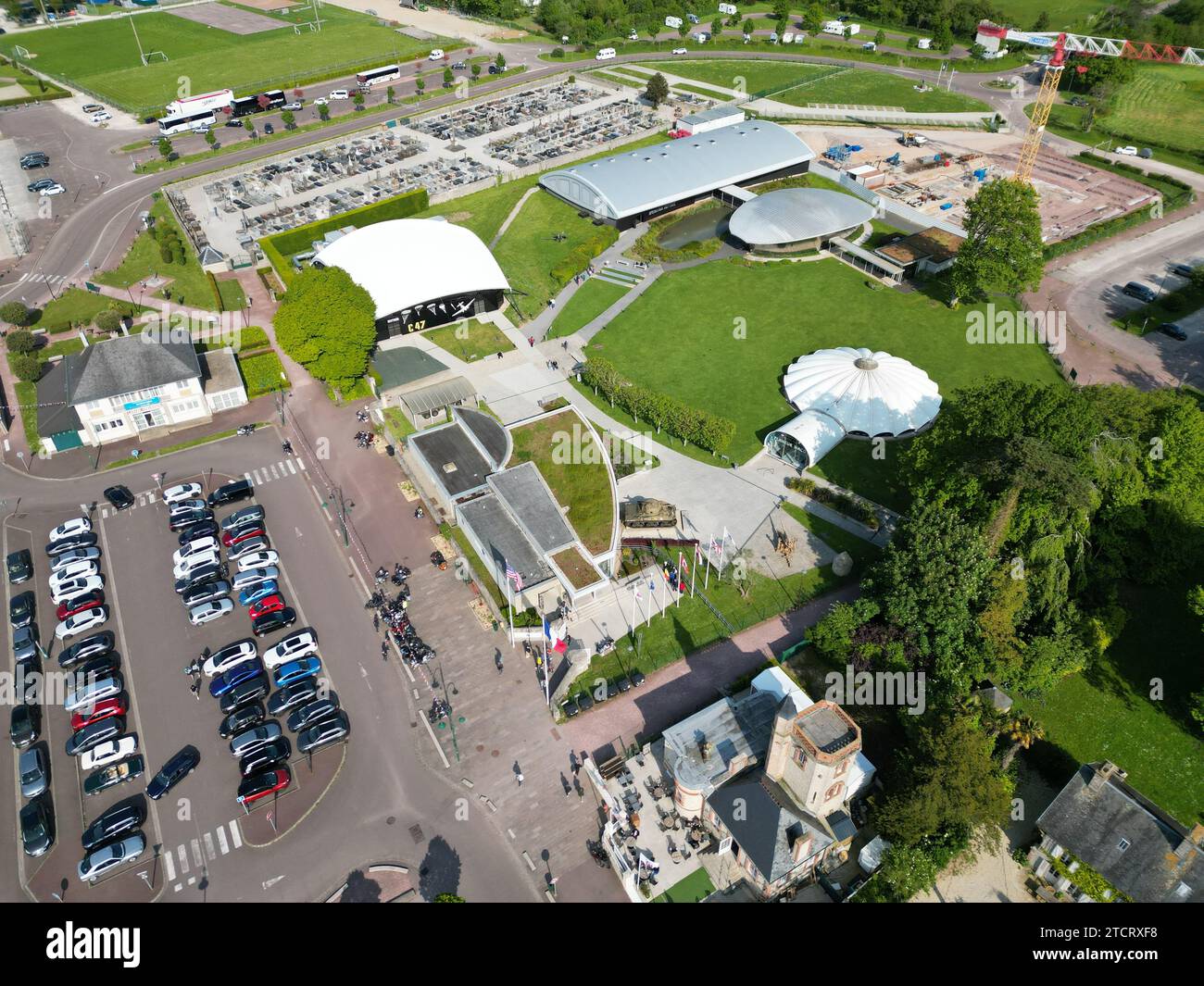 Sainte Mere Eglise Normandy Airborne Museum drone,aerial Stock Photo