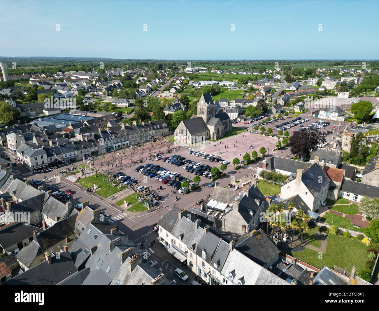 Sainte Mere Eglise Normandy France drone,aerial Stock Photo