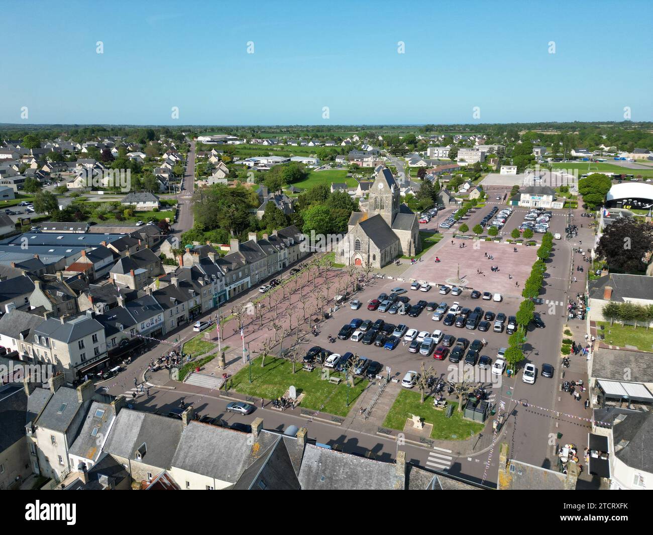 Sainte Mere Eglise Normandy France drone,aerial Stock Photo