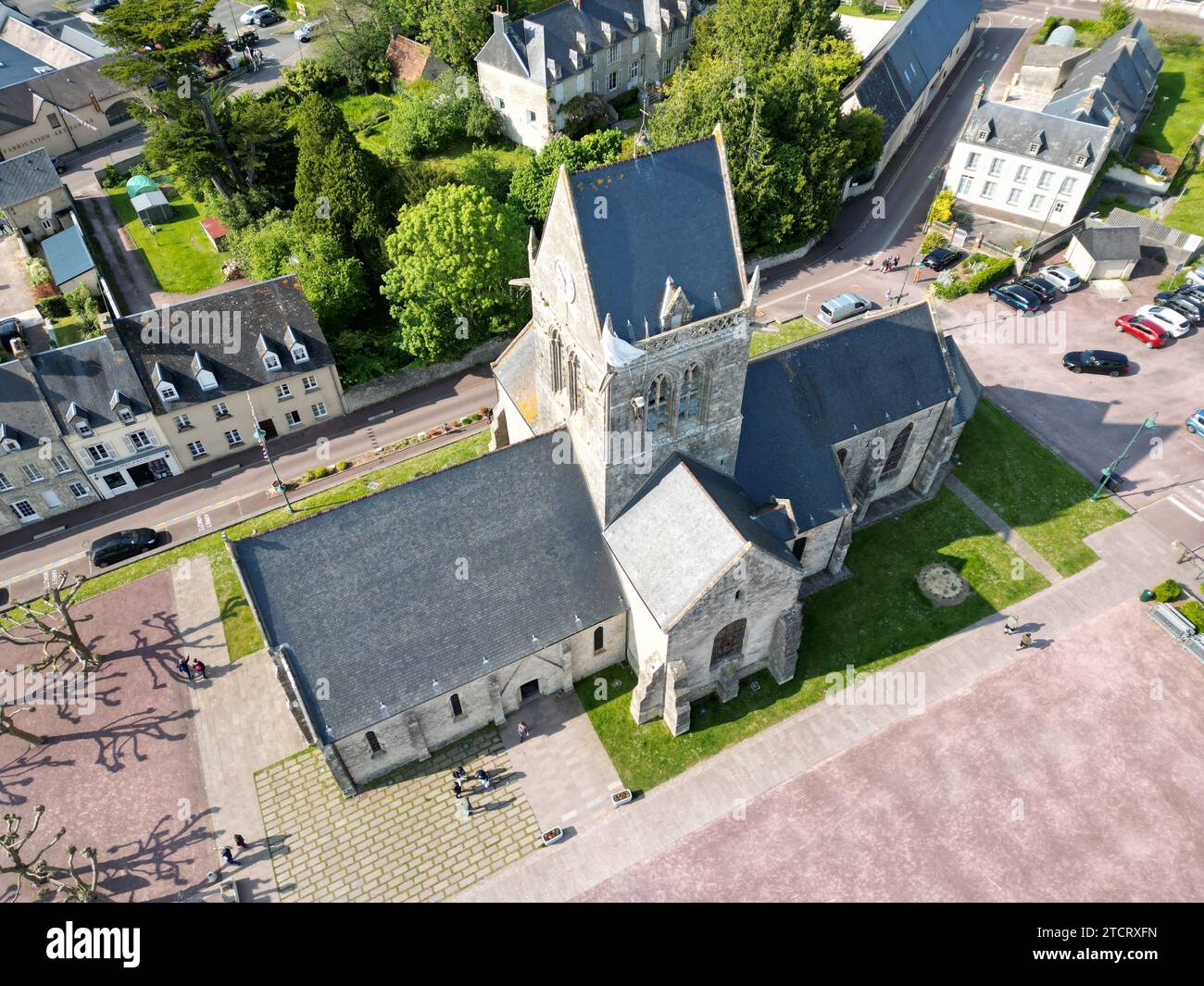 Sainte Mere Eglise Normandy France drone,aerial Paratoopers perspective Stock Photo