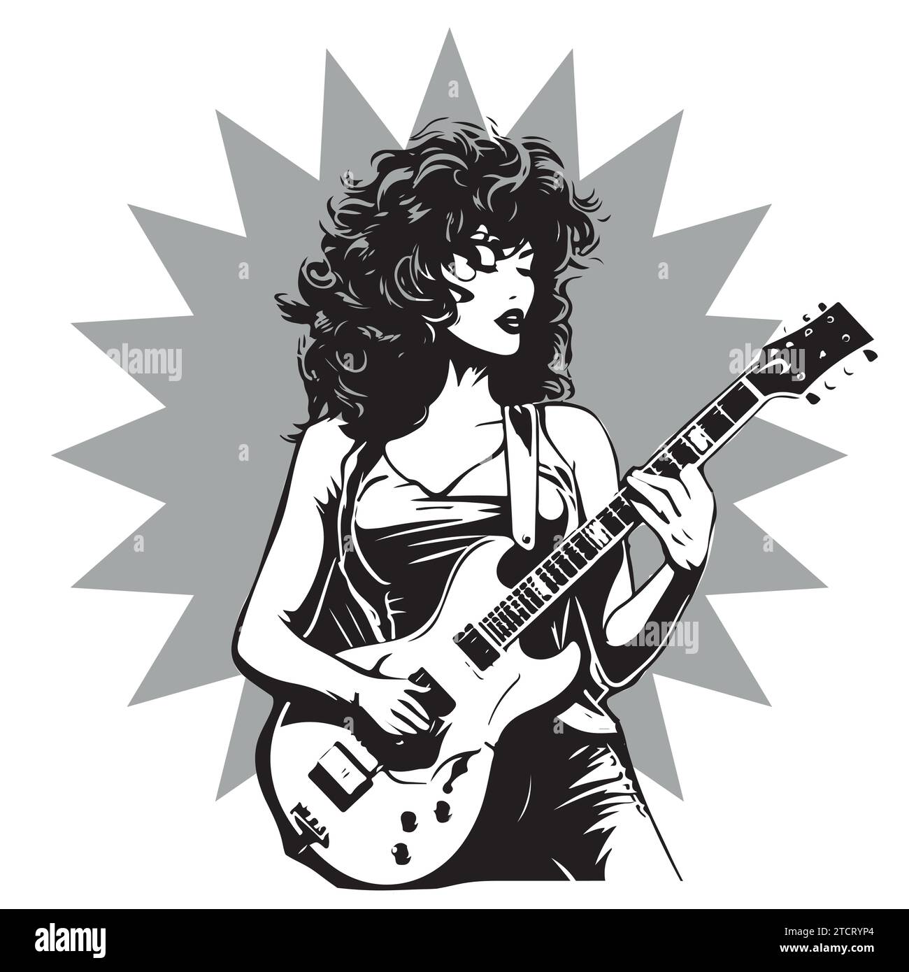 Vector illustration of a woman with an stylized acoustic guitar on the decorated background Stock Vector