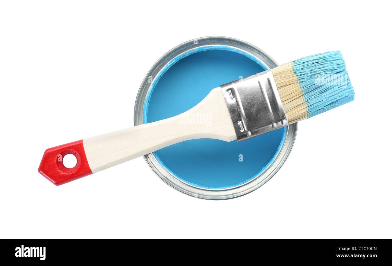 Can of light blue paint with brush isolated on white, top view Stock ...
