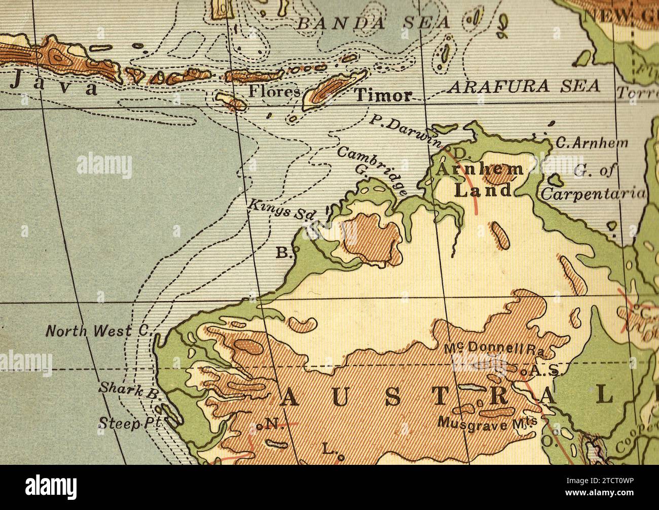A vintage/antique geographical map in sepia of Australia, Java and Timor. Stock Photo
