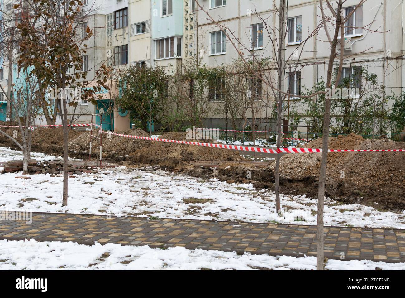 Laying sewer PVC pipes. Prepared trenches for laying sewer pipes