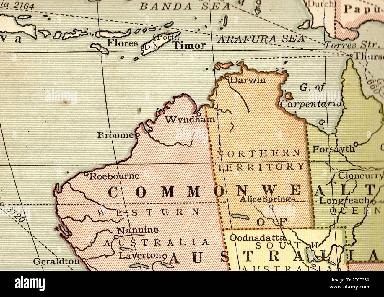 A vintage/antique political map in sepia of Australia, Java and Timor. Stock Photo