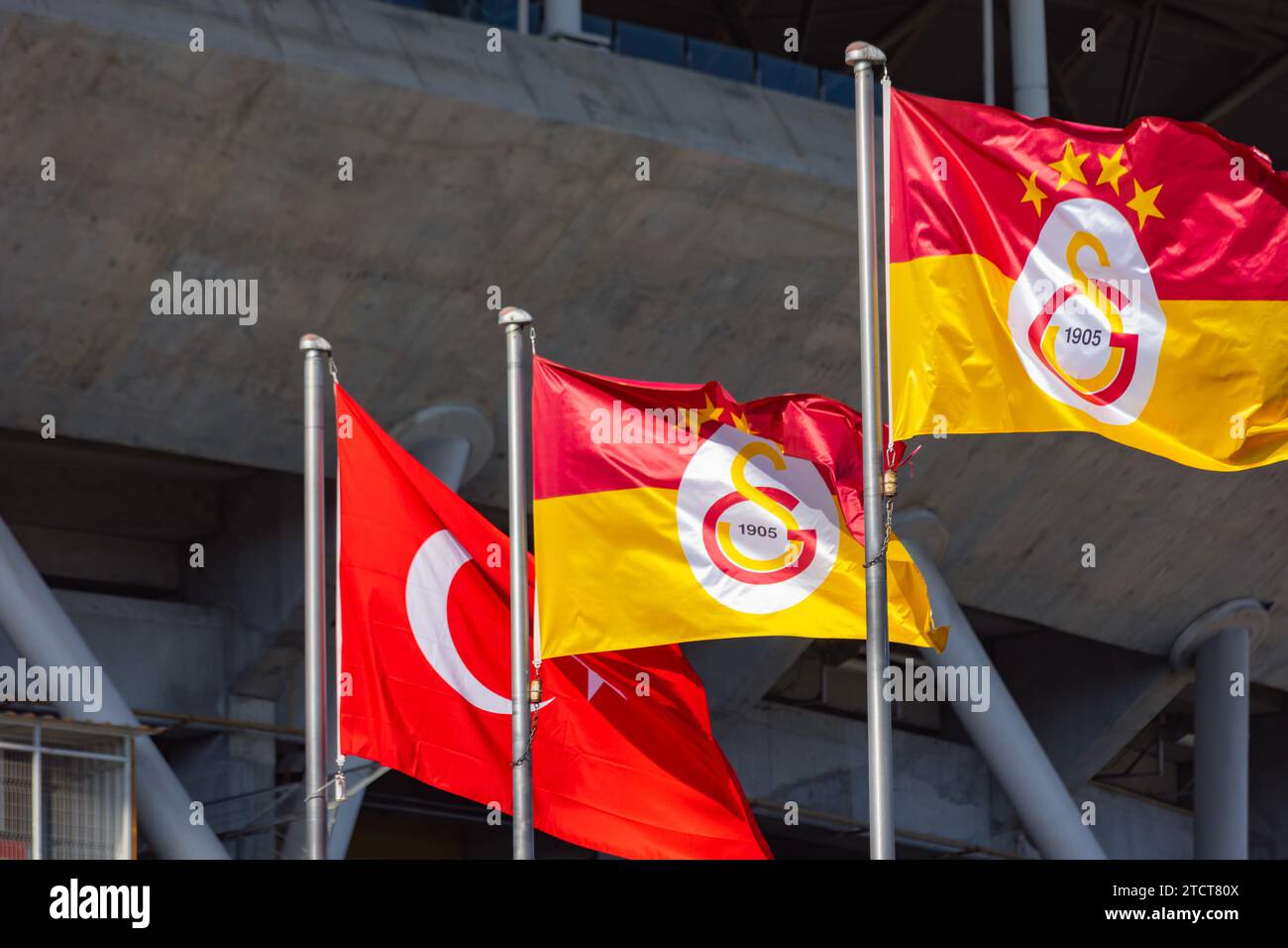 Galatasaray flags with Turkish Flag. Turkey's famous football club. Istanbul Turkiye - 10.28.2023 Stock Photo
