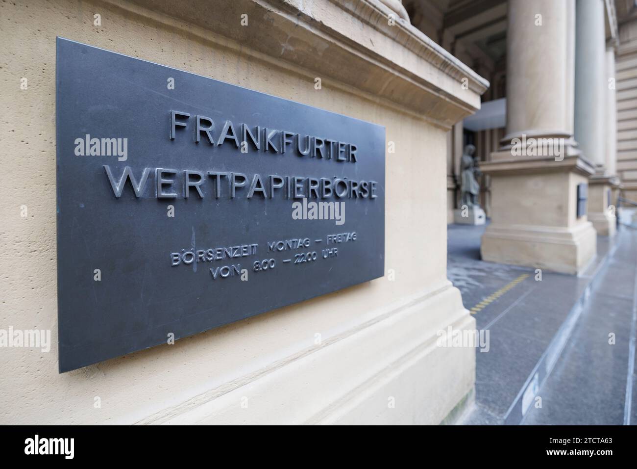 14 December 2023, Hesse, Frankfurt/Main: The lettering 'Frankfurter Wertpapierbörse' can be read on the façade of the building. (to 'Dax surpasses 17,000 points for the first time') Photo: Jörg Halisch/dpa Stock Photo
