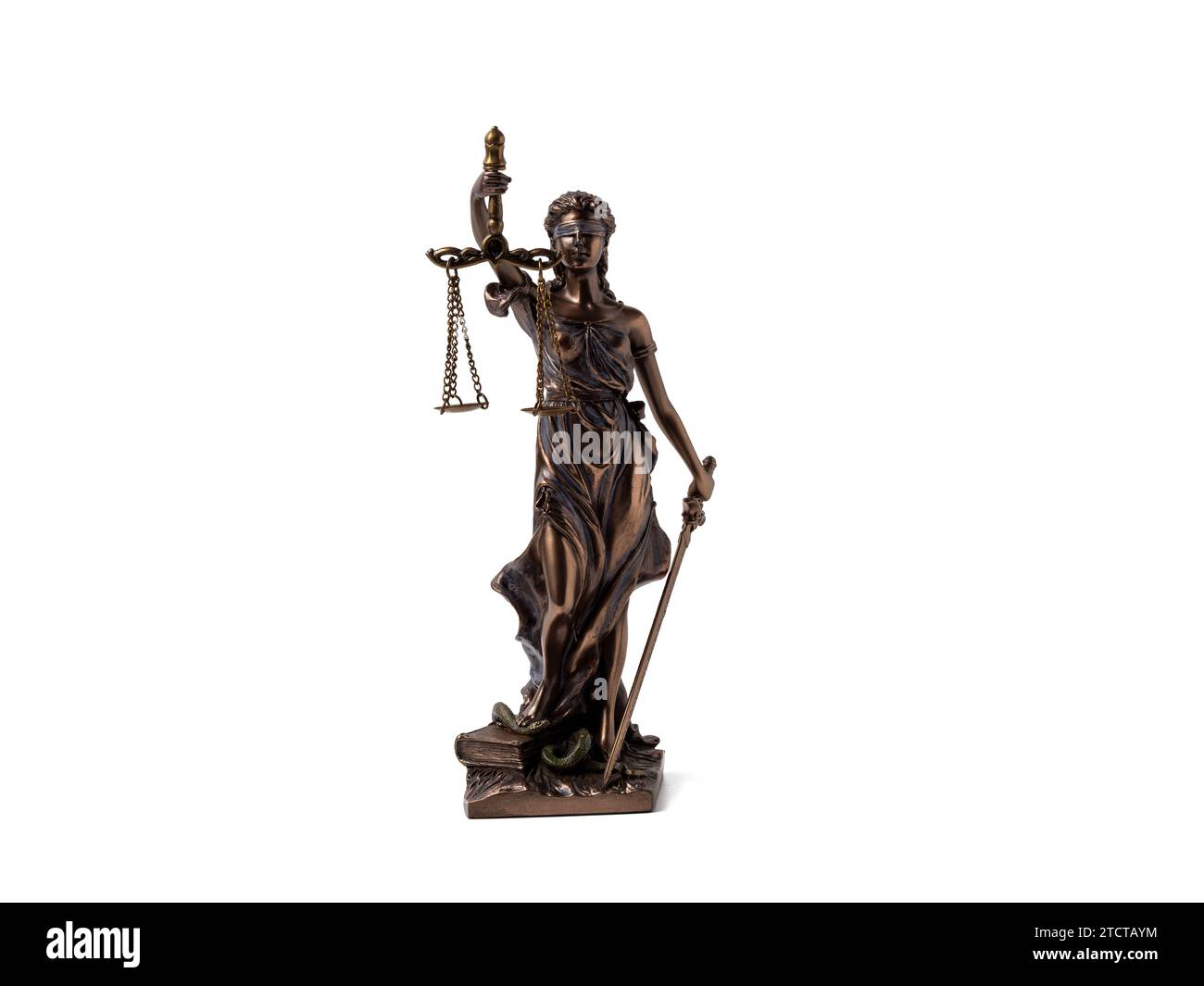 Bronze statue of Lady Justice on a white background. Statue of Justice