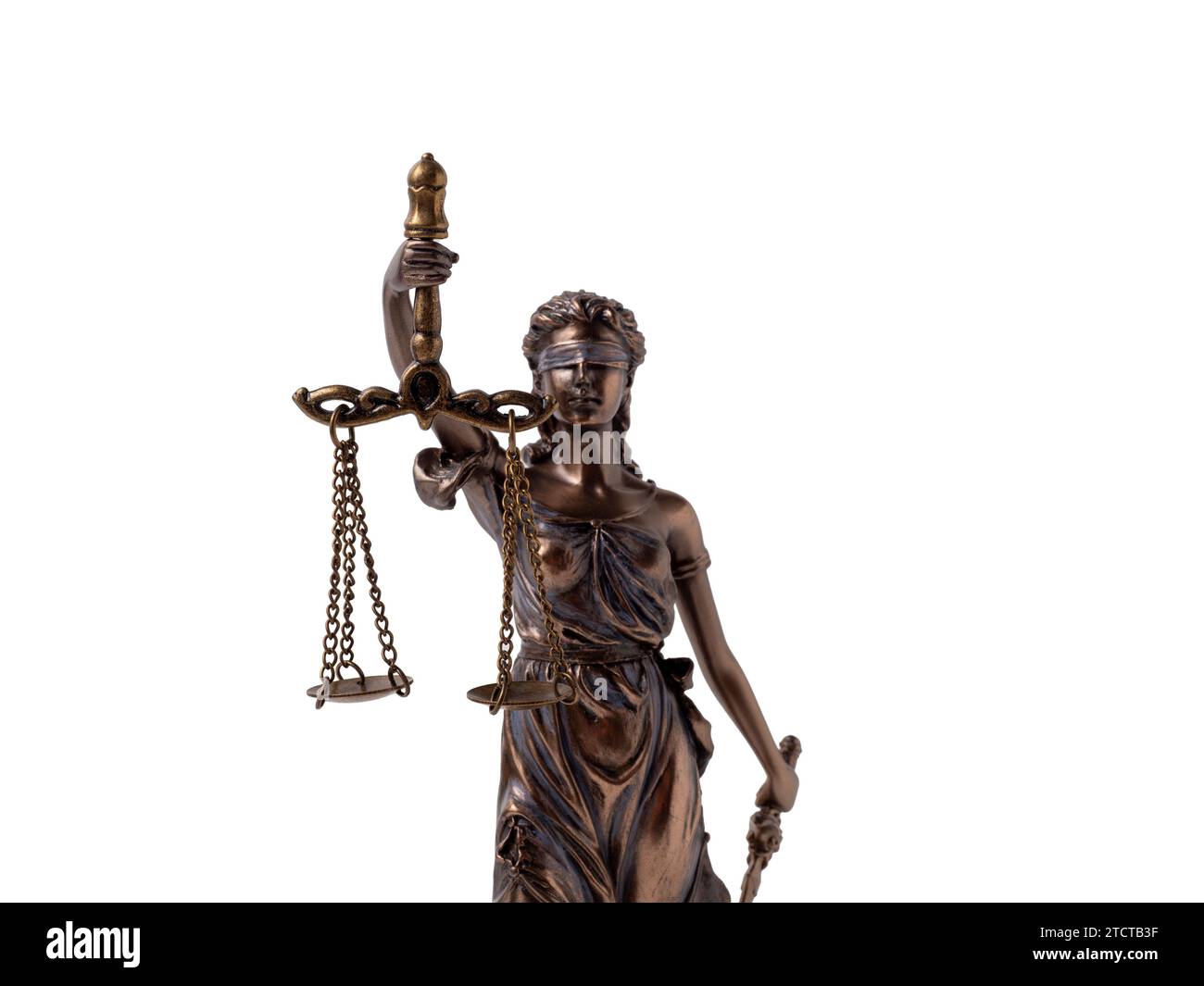 Bronze statue of Lady Justice on a white background. Statue of Justice