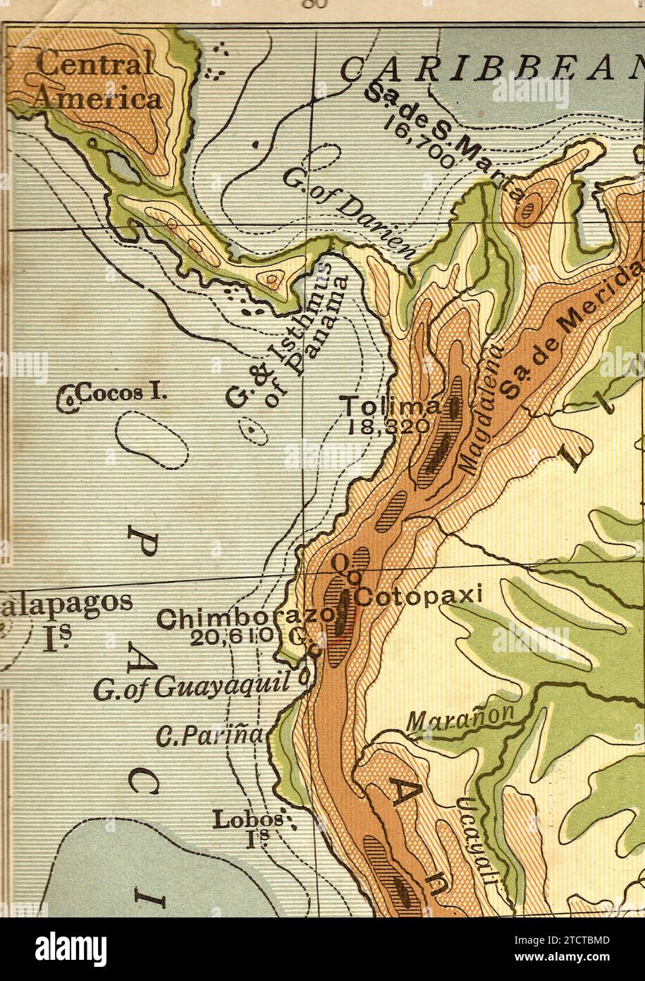 A vintage/antique geographical map in sepia of Central and South America. Stock Photo