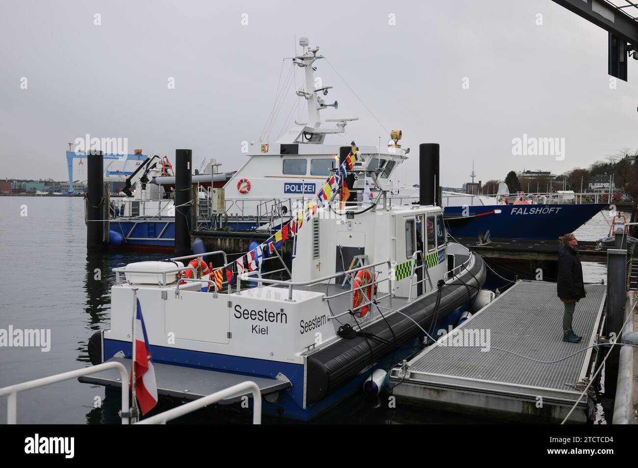 Kiel, Germany. 14th Dec, 2023. The new police boat "Seestern" is moored
