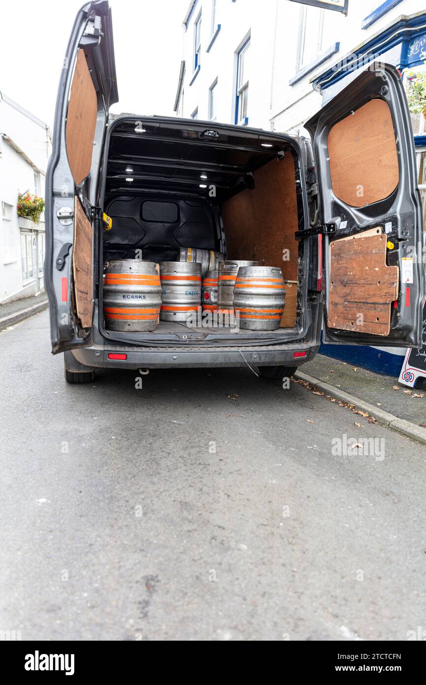Beer delivery, Appledore, Devon, Appledore Village, Devon, UK, England, beer kegs, kegs, kegs of beer, delivery, ecasks, ekegs, beer, beer casks, Stock Photo