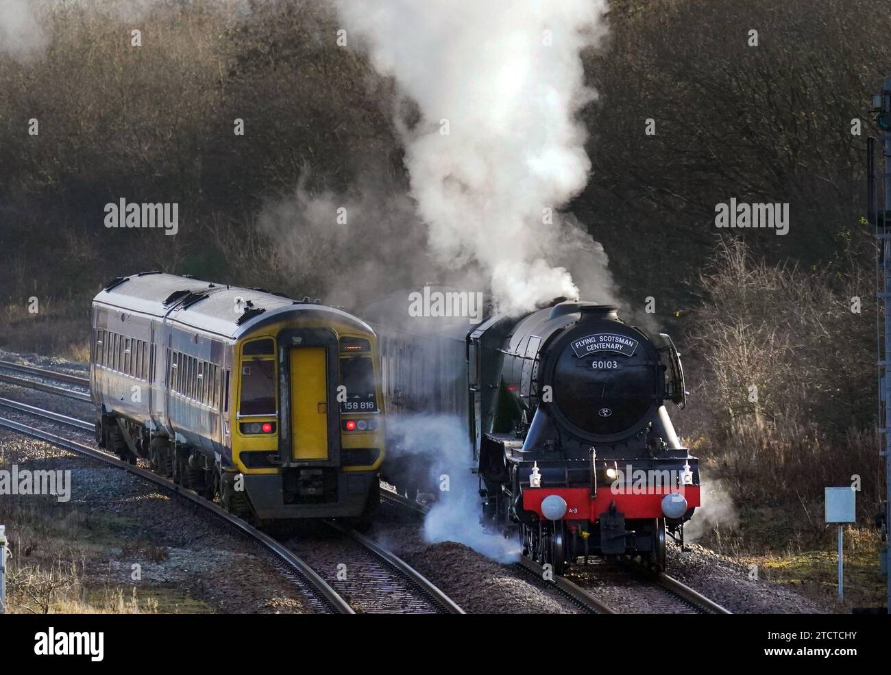 The Flying Scotsman arrives at the Locomotion in Shildon, County Durham, as it completes its final main line tour of 2023. It will be on static display at the museum from December 16 to January 7, 2024. Picture date: Thursday December 14, 2023. Stock Photo