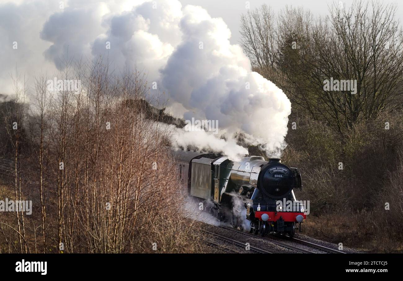 The Flying Scotsman arrives at the Locomotion in Shildon, County Durham, as it completes its final main line tour of 2023. It will be on static display at the museum from December 16 to January 7, 2024. Picture date: Thursday December 14, 2023. Stock Photo