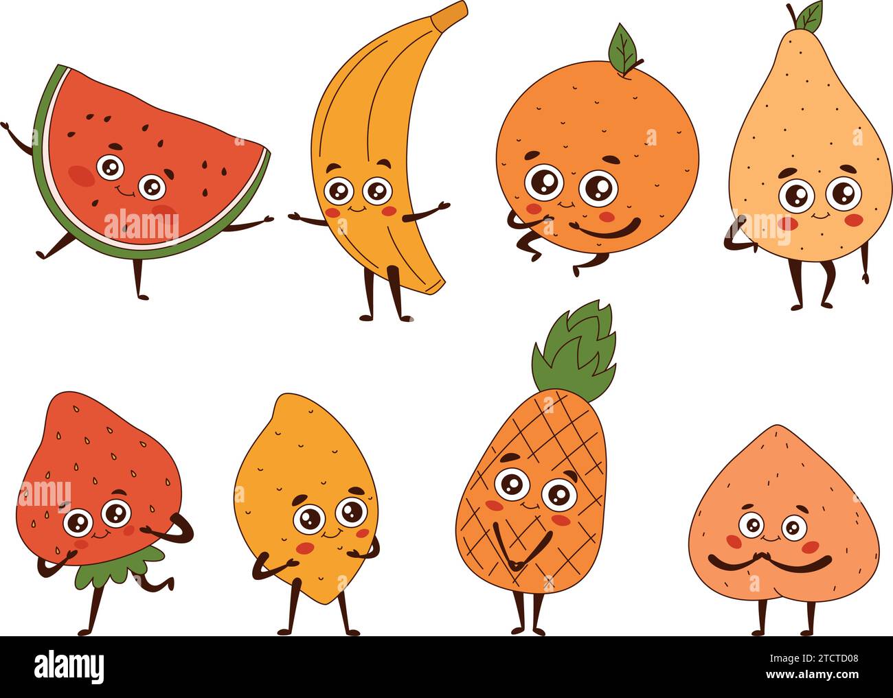 Cute cartoon fuits strawberry, watermelon, pineapple, peach, orange