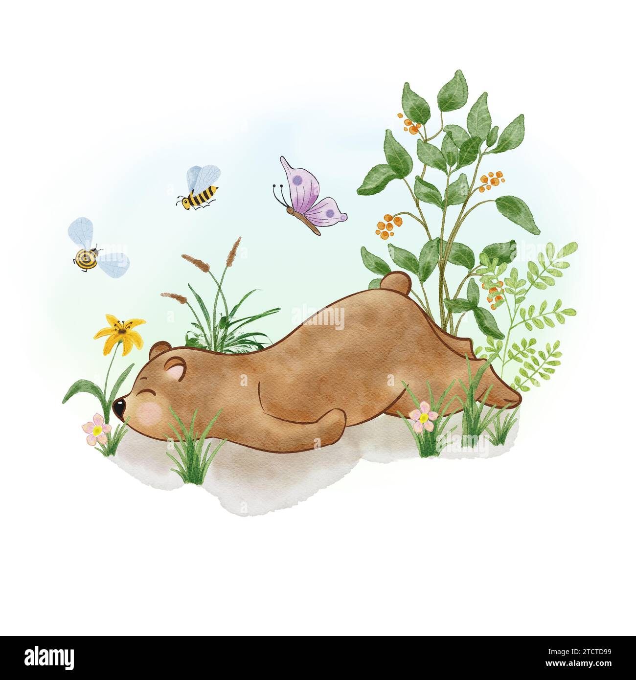 Watercolor bear. Illustration for children. Sleeping Bear on a meadow ...
