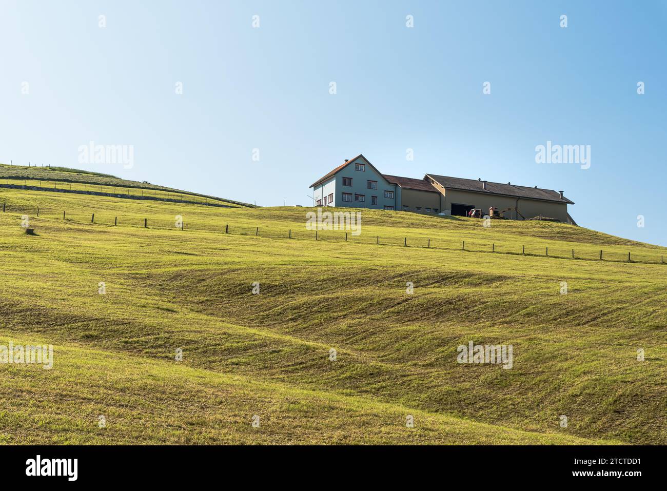 Typical Appenzell farm house on a hill, rural landscape, Canton of Appenzell Innerrhoden, Switzerland Stock Photo