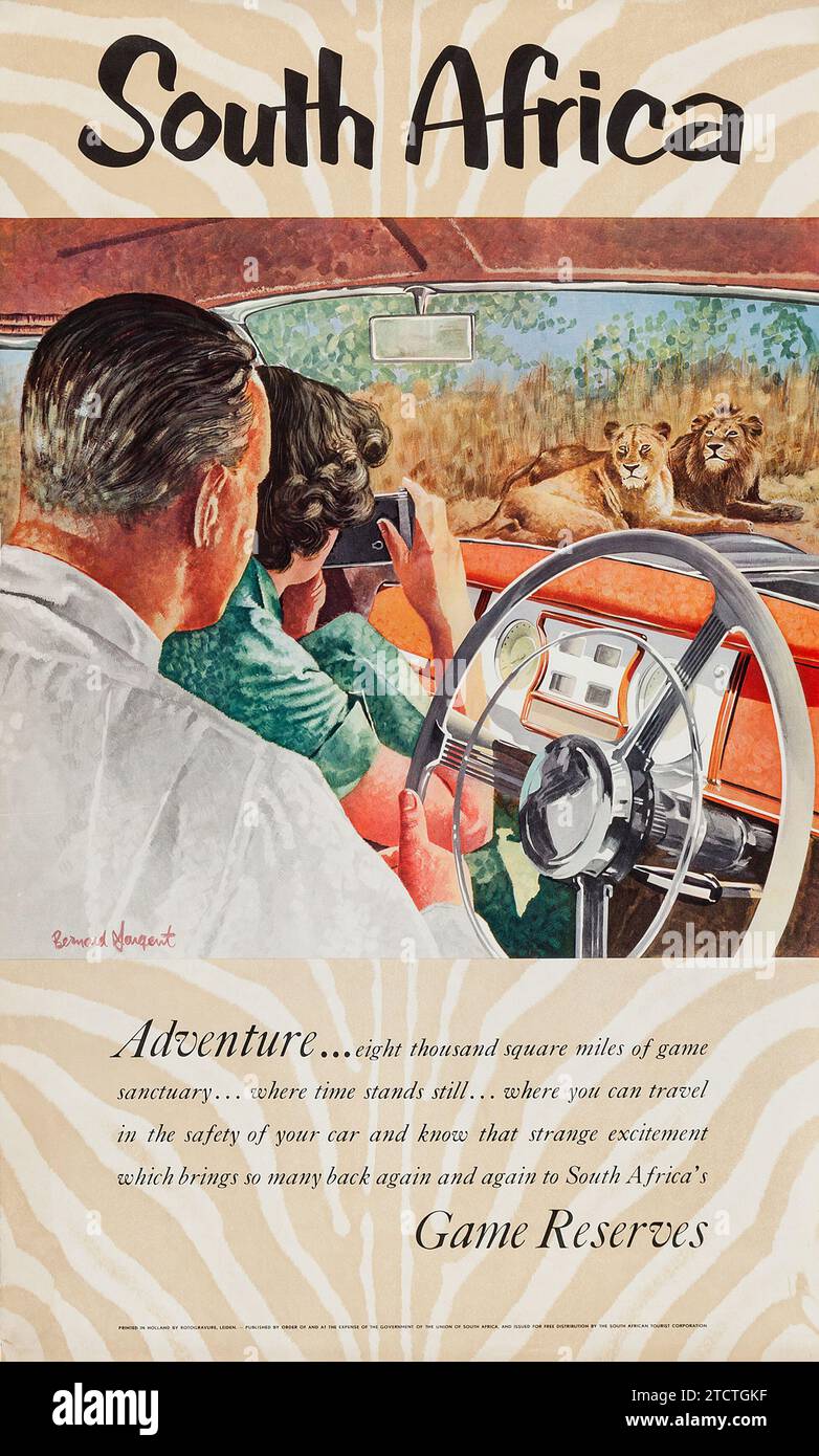 Safari - South Africa Travel Poster (South Africa Tourist Corporation, 1950s). Travel Poster feat a couple of lions Stock Photo