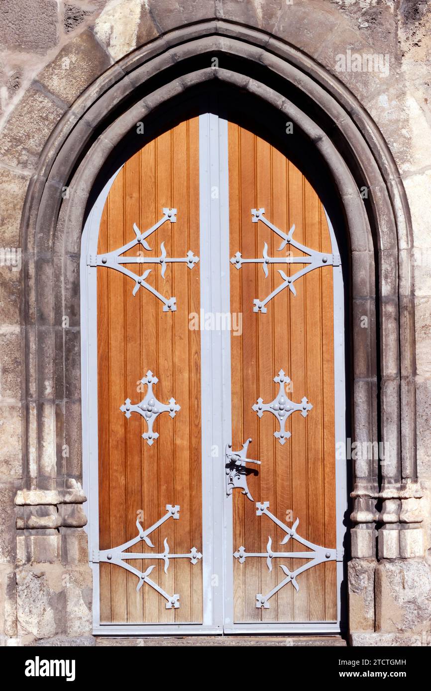 Sion cathedral. Old door in wood.  Sion. Switzerland. Stock Photo