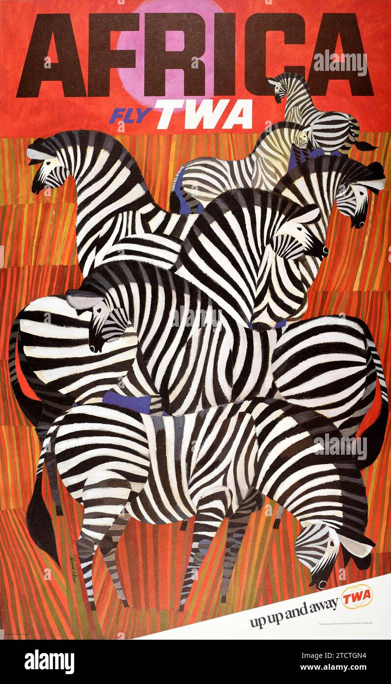 TWA Travel Poster for Africa by David Klein - up up and away. TWA poster feat Zebras Stock Photo