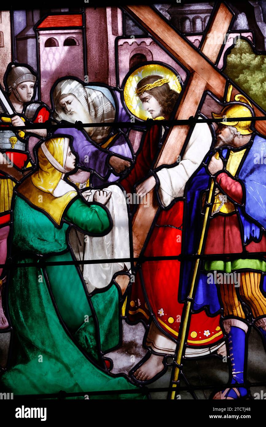 Saint Leonard church.  Stained glass.  Way of the cross. Sation 6. Veronica wipes the face of Jesus. Honfleur. France. Stock Photo