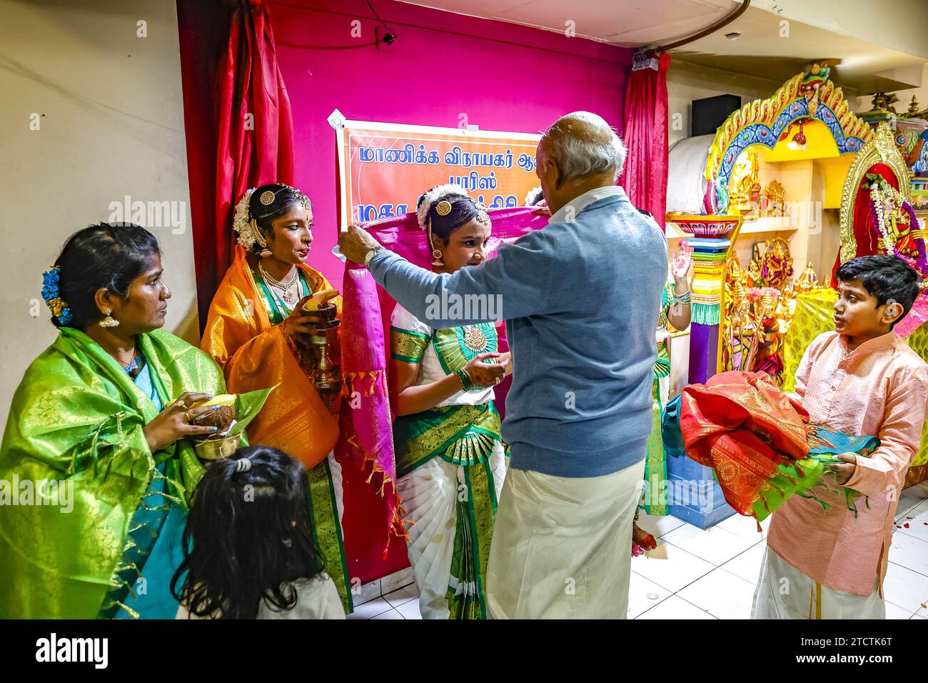 Shivaratri celebration at the Ganesh temple, Paris, France. Scarves offered to dancers Stock Photo