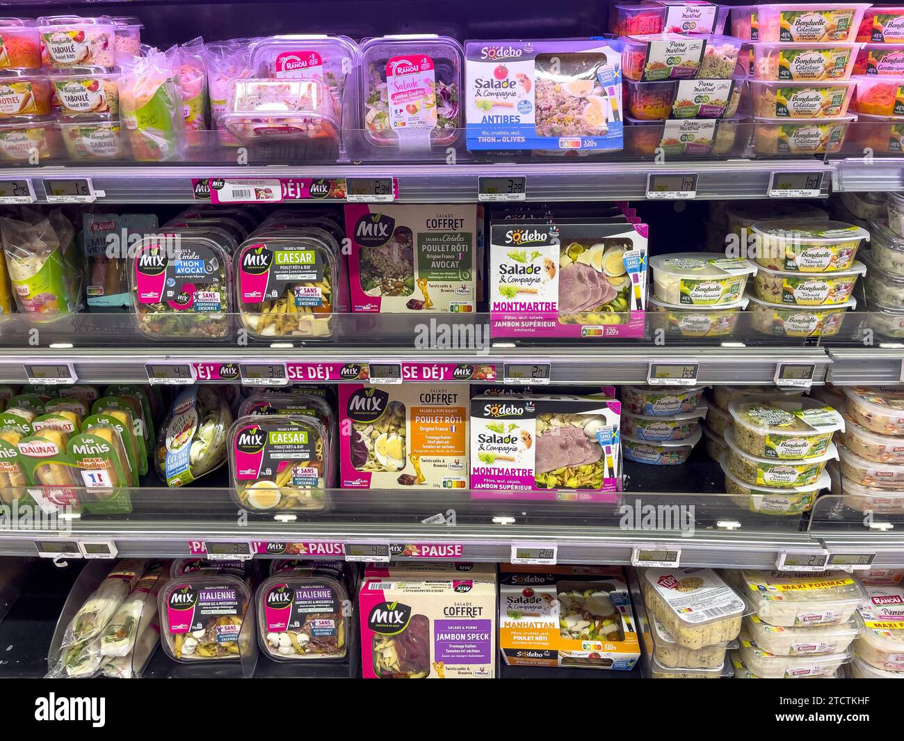 Ready-made dishes sold in plastic containers in a supermarket, Paris, France Stock Photo