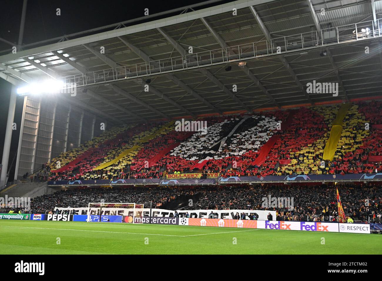 fans and supporters of Lens having a giant Tifo during the Uefa Champions League matchday 6 game in group B in the 2023-2024 season between Racing Club de Lens and FC Sevilla on December 12 , 2023 in Lens, France. (Photo by David Catry / Isosport) Stock Photo