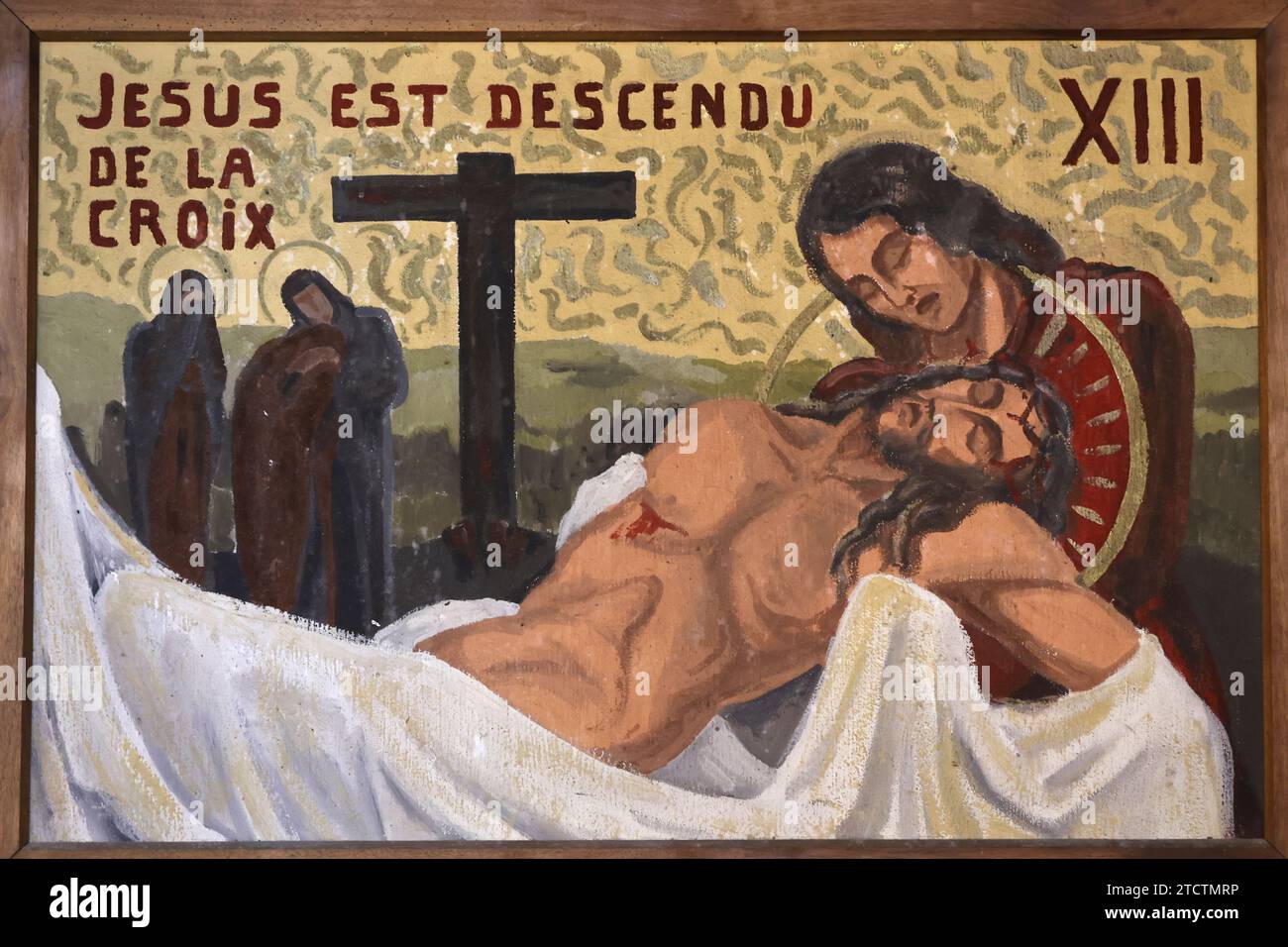 Notre Dame de la Couture catholic basilica, Bernay, Eure, France. Station of the cross painted by Loire Stock Photo