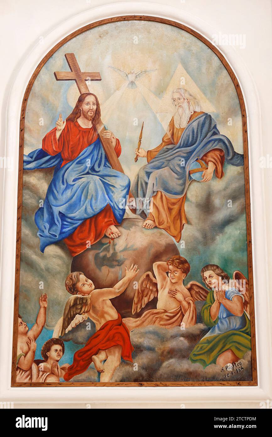 Immacolata church, Gagliano del Capo, Italy. Painting by Antonio Stasi (20th century) above the Santissima Trinita (Holy Trinity) altar Stock Photo