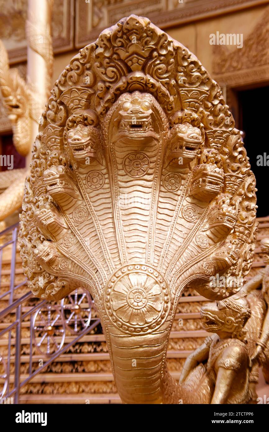 Mongkol Serei Kien Khleang Pagoda. Seven headed Naga snake guardian.  Phnom Penh; Cambodia. Stock Photo