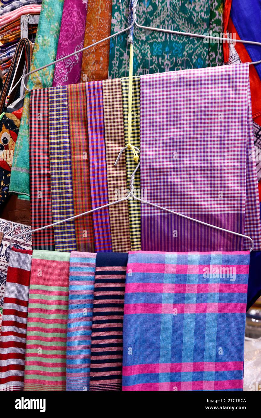 Traditional Cambodian scarf (krama) for sale in a shop at the Russian market. Stock Photo