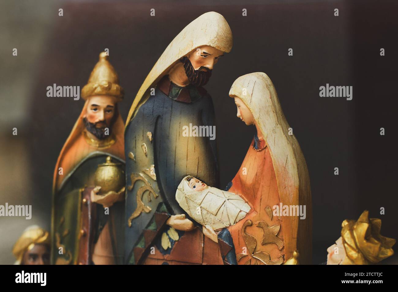 Wooden figurines of Joseph Mary and Jesus of a nativity scene Christmas ...