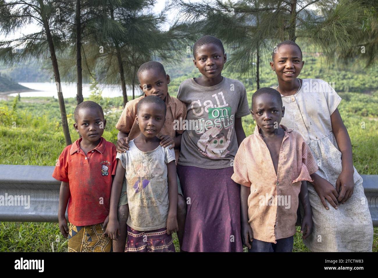 Children standing near Kivu lake near Karongi, Rwanda Stock Photo