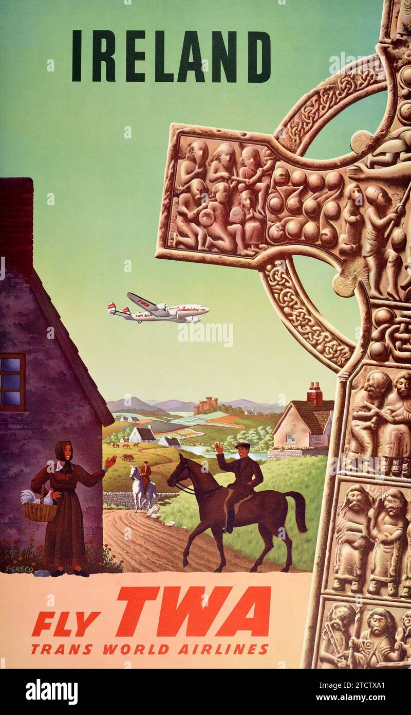 Vintage Travel Poster Ireland TWA Lockheed Constellation Celtic Cross 1950 Stock Photo