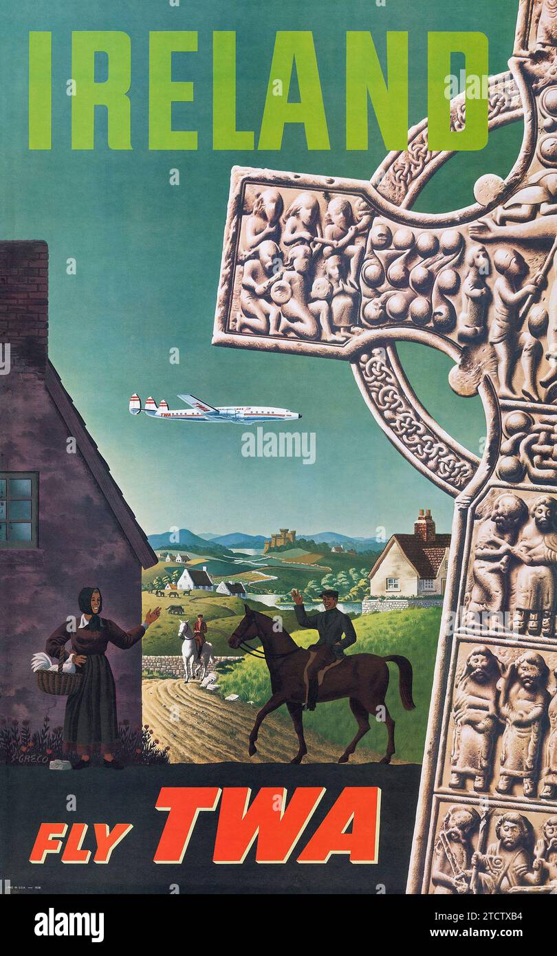 Ireland- Fly TWA (Trans World Airlines, c.1960s). Travel Poster - S. Greco Artwork Stock Photo