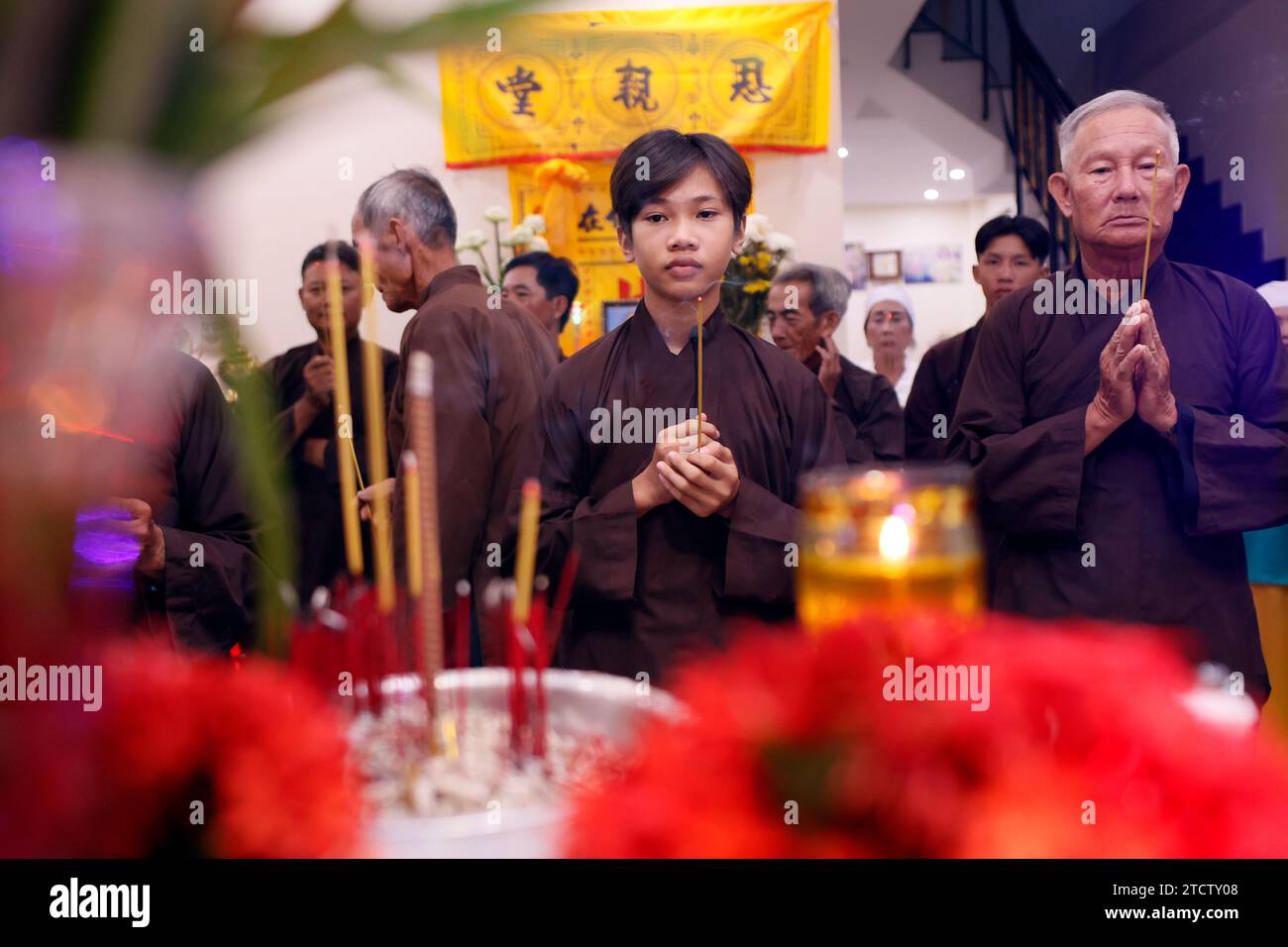 Funeral ceremony in a Buddhist family. Prayers for the deceased. Tan