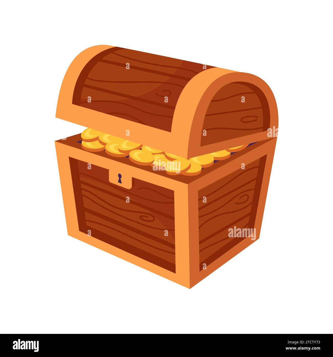 Cartoon wooden chest with a lock, treasures, piles of gold coins and jewelry. illustration for game development, design elements, childrens board game Stock Vector