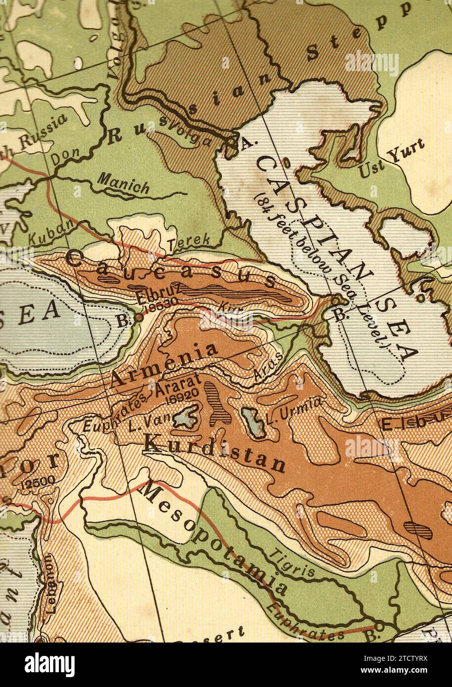 A vintage/antique geographical map in sepia of Armenia, Kurdistan and the Caspian Sea. Stock Photo