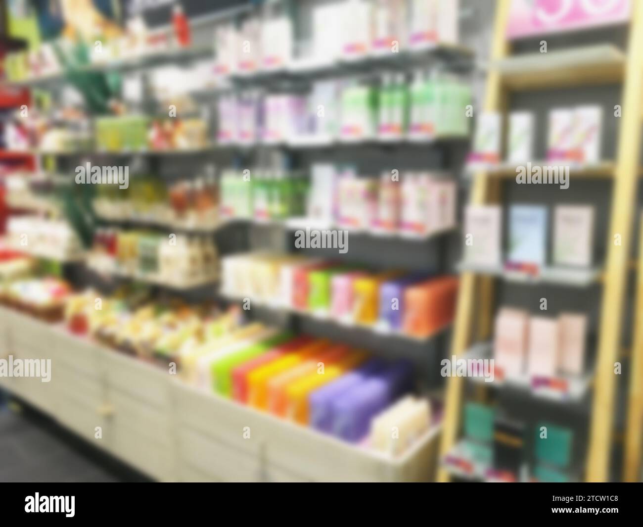 blur health beauty store shelves background Stock Photo