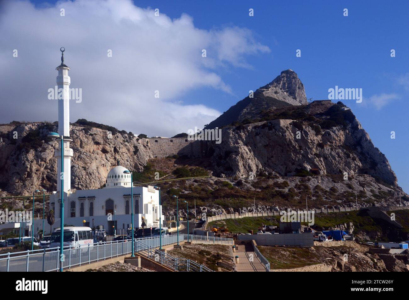 The Limestone Rock of Gibraltar and 'Ibrahim al Ibrahim Mosque' at Europa Point in Gibraltar, British Overseas Territory, Spain, EU. Stock Photo