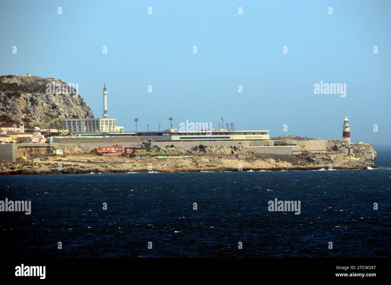 The Rock of Gibraltar, 'Ibrahim al Ibrahim Mosque' and the 'Trinity Lighthouse' at Europa Point in Gibraltar, British Overseas Territory, Spain, EU. Stock Photo