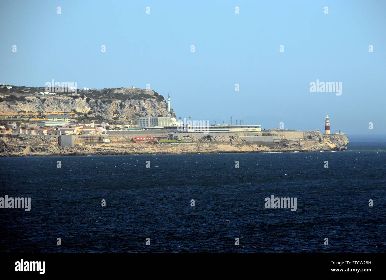 The Rock of Gibraltar, 'Ibrahim al Ibrahim Mosque' and the 'Trinity Lighthouse' at Europa Point in Gibraltar, British Overseas Territory, Spain, EU. Stock Photo