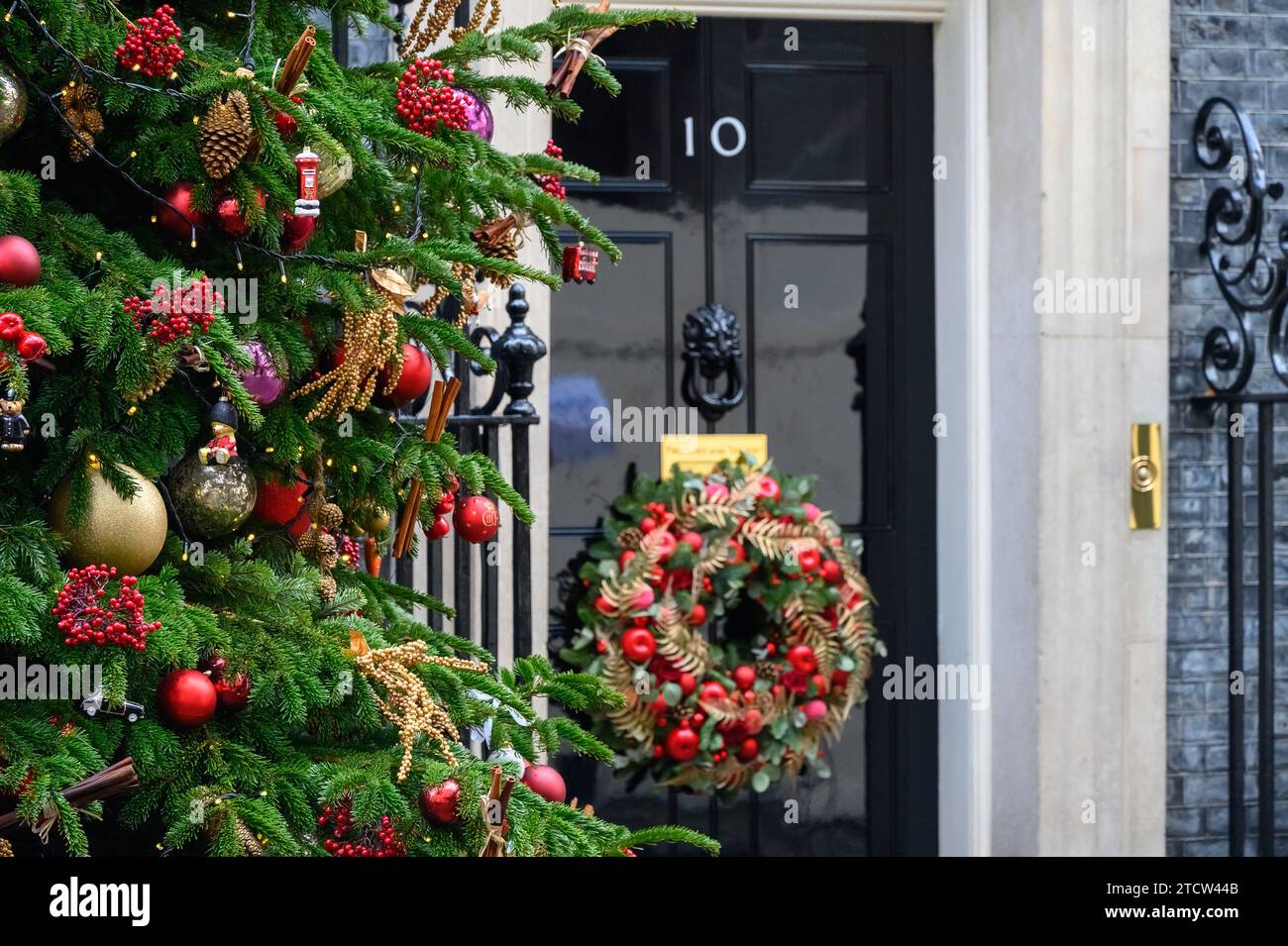 London, UK. Christmas tree and Christmas wreath on the door of 10 Downing Street, December 2023 (Tree in focus) Stock Photo