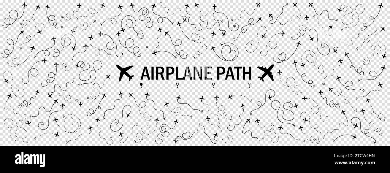 Airplane or aeroplane routes path big set. Travel concept from start point and dotted line tracing. Aircraft tracking, flight plane path, travel, map Stock Vector