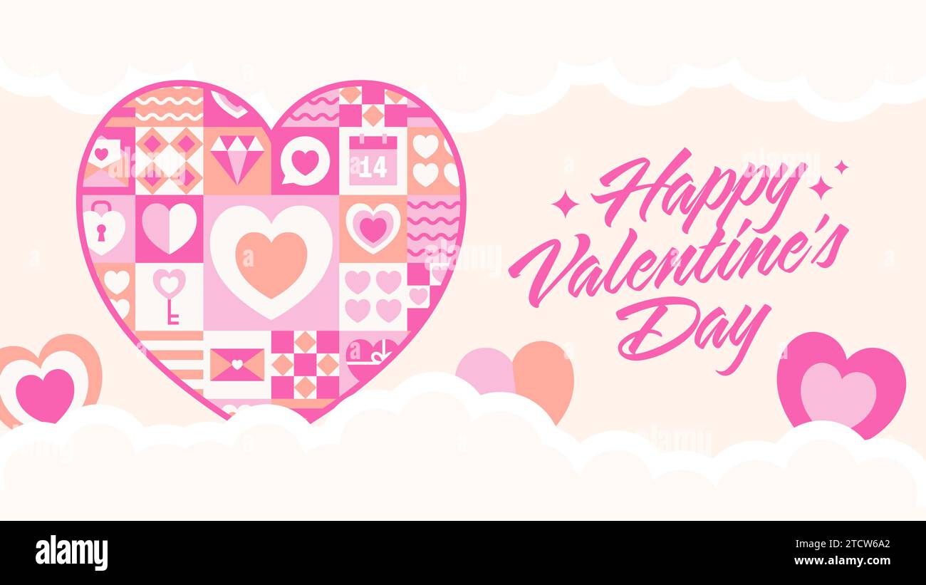 Happy Valentine's Day banner with decorative geometric heart and clouds ...